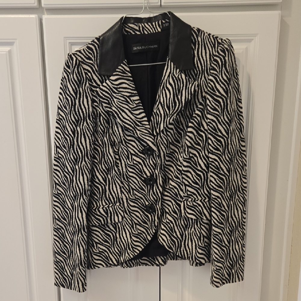 Dana Buchman Black and White Zebra-Print Blazer with Leather Collar